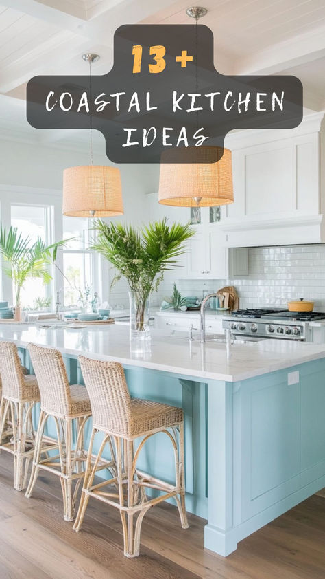 Dreaming of a beach-inspired kitchen? Click to explore 13 coastal kitchen ideas that bring the seaside charm right to your home. 🌊🍴 #CoastalKitchen #BeachStyle #KitchenDesign #HomeDecor #SeasideChic Coastal Kitchen Inspiration, Coastal Boho Kitchen Decor, Beach House Countertops, Small Beach House Kitchen Remodel, Beachy Kitchen Decor, Bright Coastal Kitchen, Beach Kitchens Coastal, Beach Cottage Kitchens Coastal Style, Beach Kitchen Design