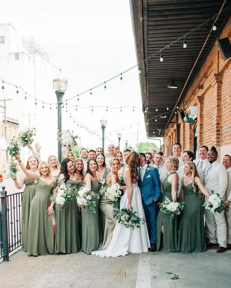 Okay, color palette! This party decked out in sage, blue, champagne, and tan makes colorful look sleek and cohesive. Blue And Champagne Wedding, Champagne Wedding Party, Bridesmaid Blue, Blue Groomsmen, Blue Champagne, Sage Blue, Deck Party, Champagne Bridesmaid, Dress Colour