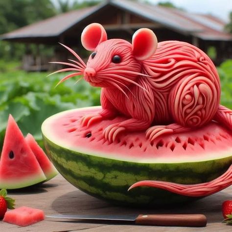 Watermelon Animals, Food On A Plate, Fruit Artwork, Fruit Animals, Watermelon Art, Food Sculpture, Fruit And Vegetable Carving, Foodie Art, Amazing Food Decoration