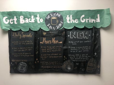 “Get Back to the Grind” coffee shop themed  RA (resident assistant) bulletin board for spring semester; added some personal details relevant to Assumption College (coffee shop name, barista, & beverage names) this is my favorite bulletin board i’ve made so far and it was very easy to assemble & make my own!! Coffee Ra Bulletin Board, Spring Semester Bulletin Boards College, Coffee Shop Bulletin Board Ideas, Spring Semester Bulletin Boards, Guidance Bulletin Boards, Cafe Classroom, Ra Programs, Dorm Bulletin Boards, Res Life Bulletin Boards