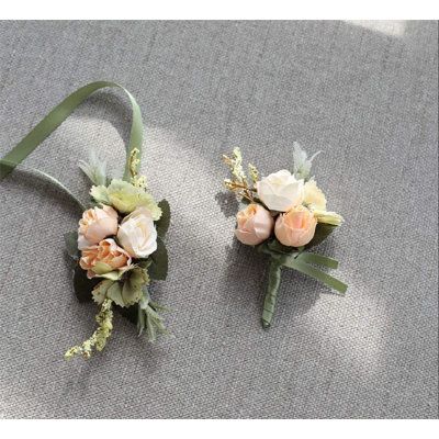 Material: artificial flower, high quality satin. Color: Coral | Le Prise™ 2 Piece Artificial Flowers Decorative Accent Set in Orange, Size 4.33 H x 2.76 W x 2.76 D in | Wayfair Flower Suit, Wedding Wrist Corsage, Corsage And Boutonniere Set, Wrist Flowers, Corsage And Boutonniere, Hand Flowers, Groom Boutonniere, Ribbon Flower, Wedding Flower Decorations