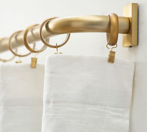 1.25" Diam. Hidden Connection Room Darkening Curtain Rod, Large, Brass | Pottery Barn Pottery Barn Curtain Rods, French Curtain Rod, Brass Curtain Rod, Gold Curtain Rods, Pottery Barn Curtains, Brass Curtain Rods, French Curtains, Curtain Rings With Clips, Curtain Clips