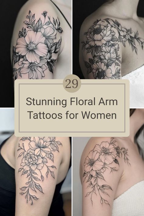 Explore these 29 beautiful floral upper arm tattoos designed specifically for women. Each tattoo design showcases unique floral elements, offering a touch of elegance and femininity. Understand their cultural meanings and the symbolism behind flowers. Whether you’re searching for something delicate or bold, these floral tattoos make a statement on any arm. Perfect for tattoo enthusiasts or those looking for inspiration. Discover the stories behind these designs and why they are a popular choice for personal expression. Tattoo Filler Ideas For Women Flower, Floral Arm Tattoos For Women, Flower Upper Arm Tattoo, Arm Tattoo Placement Women, Floral Upper Arm Tattoo, Black And White Floral Tattoo, Minimalist Floral Tattoo, Arm Tattoo Designs, Tattoo Placement Arm