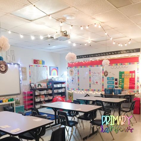 💡 Stayed late last night at work hanging string lights. Is there such a thing as too many classroom string lights? I normally keep the top… Preschool Classroom Themes, Special Education Classroom Setup, Classroom Ceiling, Classroom Prep, Classroom Decor Middle, Middle School Classroom Decor, String Lighting, Classroom Decor High School, Teacher Board