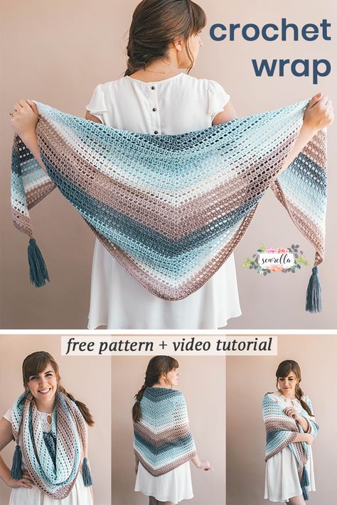 Learn how to crochet this easy Wishing Well Wrap with my free pattern and video tutorial - use easy self striping yarn to create a beginner lacy shawl for all sizes. Lacy Shawl, Self Striping Yarn, Poncho Au Crochet, Crochet Shawl Pattern, Crochet Wrap Pattern, شال كروشيه, Confection Au Crochet, Crochet Shawl Pattern Free, Crochet Shawls And Wraps