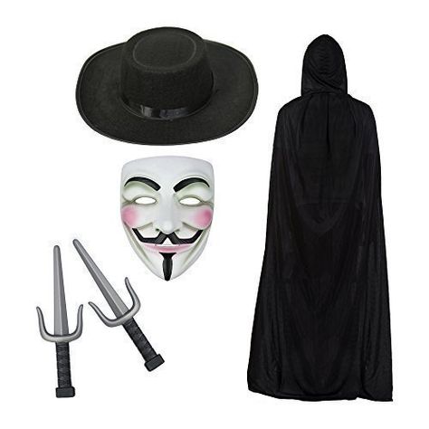 Anonymous Mask, Hooded Cape, Hat and Sais Knives Fancy Dress Set #toy V For Vendetta Costume, V Vendetta, Miranda Lambert Hair, Headband Curls, Arsenal Vs Chelsea, Vendetta Mask, Easy Hairstyle Video, Anonymous Mask, Man Bun Hairstyles