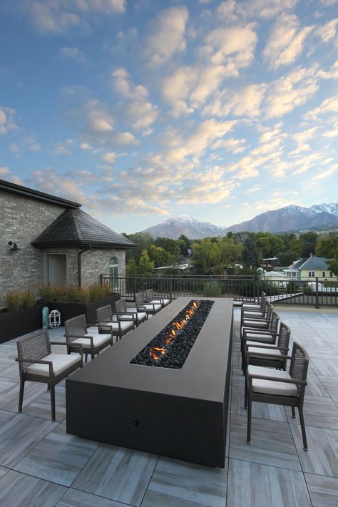 Roof Top Patio, Outdoor Wood Burning Fireplace, Indoor Pool Design, Custom Fire Pit, Modern Fire Pit, Rooftop Design, Patio Garden Design, Rooftop Patio, Fire Features