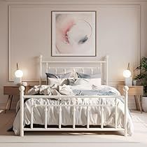 Bedroom White Metal Bed, Vintage White Bed Frame, Minimalist Metal Bed Frame, Cute Bed Frames Twin, Fun Bed Frames, White Metal Bed Frame Aesthetic, Cute Bed Frames Full, White Iron Bed Frame Bedroom, White Metal Bed Frame Bedroom Ideas