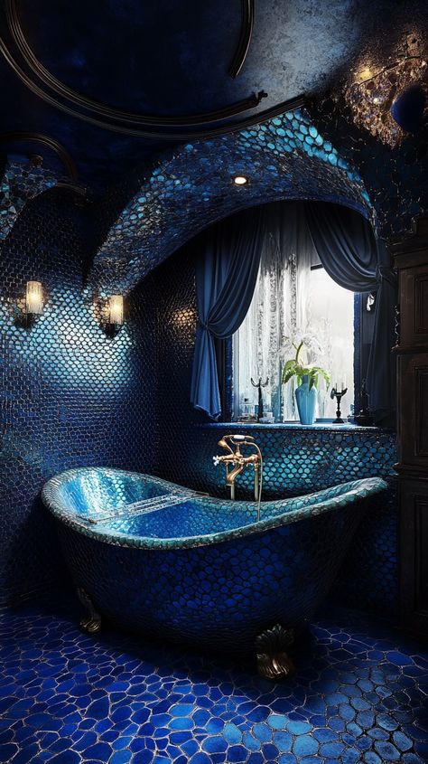 Luxurious bathroom with blue mosaic tiles, mermaid decor, ornate fish scale bathtub, and metallic accents in a maximalist Dream Room Ideas, Mermaid Furniture, Dark Blue Bathroom, Blue Bathtub, Cool Bathroom, Maximalist Aesthetic, Blue Mosaic Tile, Fish Decor, Blue Color Palette