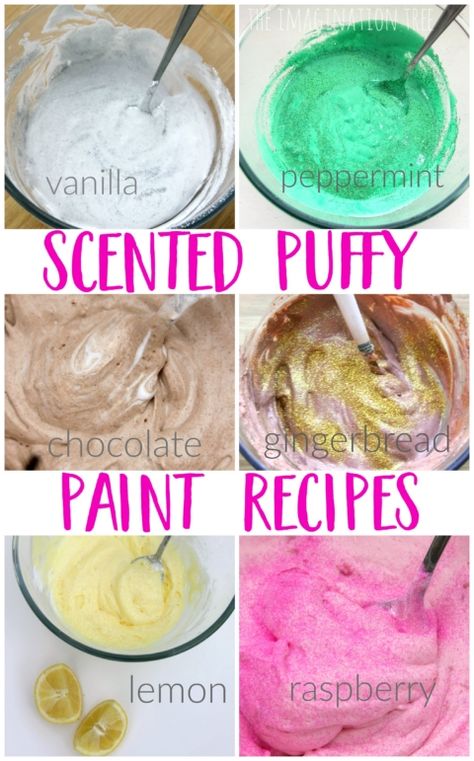 Scented puffy paint recipes for creative art projects! Smell Sensory Activities For Preschool, Smelly Paint For Preschool, Sensory Putty Diy, Glue And Shaving Cream Puffy Paint, Family Tree Ideas, Homemade Puffy Paint, 5 Senses Activities, Kids Sensory Play, Senses Preschool