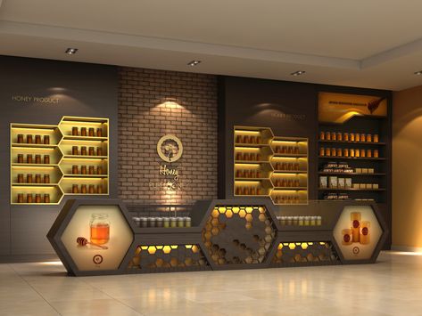 honey products shop on Behance Honey Shop Design Ideas, Honey Shop Design, Honey Store, Honey Products, Jewelry Store Interior, Bar Counter Design, Jewellery Shop Design, Honey Design, Pharmacy Design