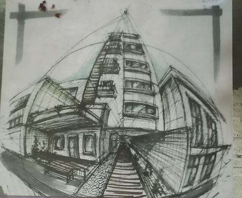 Warped Perspective Drawing, Drawing Grid, Perspective Sketch, Perspective Drawing Architecture, Color Drawing Art, Jellyfish Art, City Drawing, Perspective Art, Architecture Drawing Art