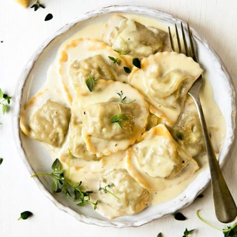 Mushroom Ravioli In A Parmesan Cream Sauce Homemade Mushroom Ravioli, Mushroom Ravioli Sauce, Ravioli Cream Sauce, Ravioli Sauce Recipe, Leftover Pork Recipes, Garlic Parmesan Cream Sauce, Mushroom Pate, Ravioli Sauce, Kitchen Italian