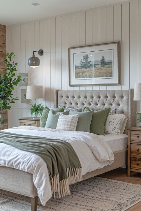 29 Sage Green Farmhouse Bedroom Ideas for a Refreshing Retreat 4 Green Bedroom Ideas Aesthetic, Light Sage Green Bedroom, Contemporary Farmhouse Bedroom, Sage Green Farmhouse Bedroom, Green Farmhouse Bedroom, Sage Green Color Scheme, Sage Green Farmhouse, Cottages House, Light Airy Bedroom