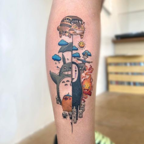 Leo Vincent Genabe on Instagram: “Studio Ghibli's most influential characters, all rolled into one captivating mash up! #studioghibli #studioghiblitattoo #tattoo” Studio Ghibli Leg Tattoo, Studio Ghibli Tattoo Color, Totoro Tattoo Color, Warawara Tattoo, Anime Tattoos Studio Ghibli, Studio Gibhili Tatoos, Ghibli Mural, Tato Idea, Mashup Tattoo