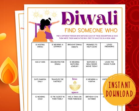 Diwali Find Someone Who Game | Printable Festival of Lights Party Games Activities for Adults & Kids | Fun Diwali Games | Hinduism | Hindu Hit that ♥︎ to Favorite this Game! This Diwali Find Someone Who Game is such a fun Festival of Lights game to play with your friends & family at your Diwali get together, holiday, dinner, brunch, party, or event! Impress your guests with the fun and unique party games you brought to the party! Bring the fun with this super easy Diwali Printable Party Game! Gr Diwali Games For Adults, Diwali Games For Kids, Diwali Party Games For Adults, Bollywood Games For Parties, Diwali Games For Party, Diwali Party Games, Idian Partty Games For Kids, Find Someone Who Game, Diwali Games