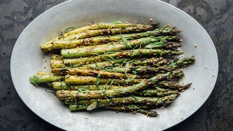 Ginger-Miso Grilled Asparagus Recipe | Bon Appetit Grilled Green Beans, Pancakes Protein, Miso Recipe, Grilled Asparagus Recipes, Ginger Miso, Asparagus Seasoning, Seasoned Rice, Grilled Asparagus, Roasted Asparagus