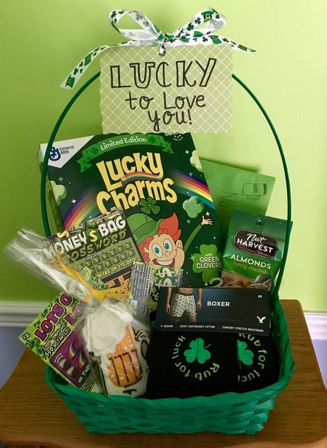 Lucky Themed Gifts, Lucky Charms Gift Ideas, St Patricks Gift Basket, March Gift Basket Ideas, St Patrick’s Day Gift Basket Kids, Lucky Gifts Ideas, St Patrick’s Day Basket For Adults, St Patrick's Day Basket, St Pattys Day Gift Basket Ideas