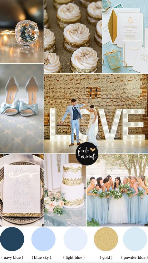 light blue and gold vintage wedding,wedding inspirations,wedding colors, decor 2015 Baby Blue Weddings, Gold Color Palettes, Gold Wedding Theme, Light Blue Wedding, Gold Color Scheme, Wedding Palette, Wedding Theme Colors, Theme Color, Wedding Color Palette