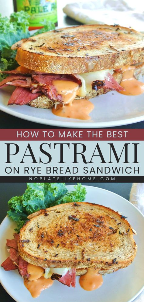 Learn how to make the BEST Pastrami! It's a quick lunch recipe or family dinner idea that's ready in under 10 minutes. Complete with sauerkraut, Swiss cheese, and Russian dressing on grilled Rye bread, this Reuben sandwich is so tasty! Pastrami Panini Recipes, Sauce For Pastrami Sandwich, Pastrami Grilled Cheese, Cornbeef And Rye Sandwiches, How To Make A Reuben Sandwich, Pastrami Sandwich With Coleslaw, Hot Pastrami Sandwich On Rye, What To Do With Rye Bread, Pastrami Rueben Sandwich