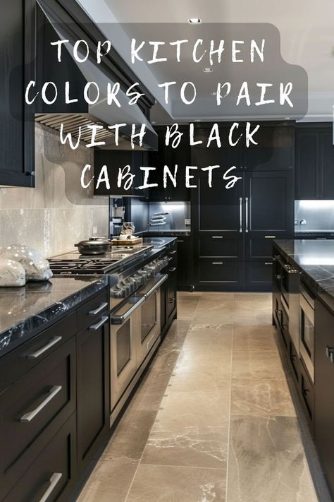 Transform your kitchen's look with the perfect colors for black cabinets! Click to see the top color choices that bring out the best. 🎨🖤 #KitchenDesign #BlackCabinets #HomeDecor #ColorPalettes #InteriorDesign Kitchen Floor With Black Cabinets, Kitchen Inspo Black Cabinets, Modern Farmhouse Kitchens Black Cabinets, Black Kitchen Cabinets Wall Color, Kitchen Paint Colors With Black Cabinets, Kitchen Cabinet Color Ideas With Dark Countertops, Wall Color With Black Cabinets, Kitchen Wall Colors With Black Cabinets, Brown And Black Kitchen Ideas