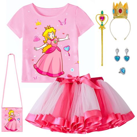 PRICES MAY VARY. Peach costume set include: Princess peach t-shirt*1,tutu pink dress*1,princess peach bag*1,crown*1,wand*1,pair of earrings, ring*1. Unique Design: Princess peach dress is a perfect replica of the style of the protagonist in the movie, with a dark pink peplum and 2 layers tulle tutu dress skirt to increase the fluffy feeling of the skirt and crown both embedded with blue gems. Makes your girls feel immersive with this pink princess costume set. Perfectly fulfills the dream of a p Pink Princess Costume, Rainbow Tutu Dress, Princess Peach Dress, Princess Peach Costume, Princess Peach Cosplay, Peach Cosplay, Outfits Birthday, Peach Costume, Tulle Tutu Dress