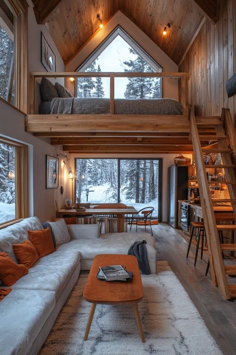 29 Small Cabin Interior with Loft Ideas for Smart Space-Saving Solutions 2 Vaulted Ceiling Loft, Cabin Loft Ideas, Small Cabin Loft, Small Loft House Design, Small Rest House Design, Mountain Homes Interiors, Small Attic Apartment, Tiny Cabins Interiors, Alpine Cabin