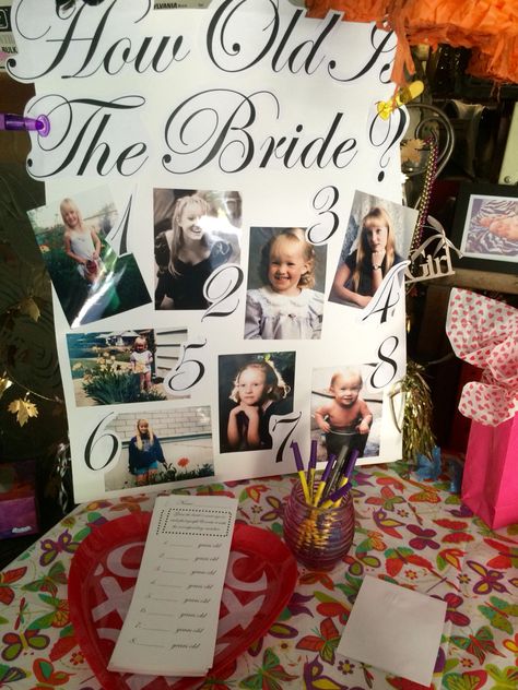 How Old Is The Bride? Bridal Shower Game-Enlarge an assortment of childhood pics of the bride & guests must guess how old she was in each one Tiffany Themed Bridal Shower, Unique Bridal Shower Invites, Bridal Shower Themes, Childhood Pics, Vintage Bridal Bouquet, Aurora Wedding, Bridal Party Tables, Bride Game, Chelsea Wedding