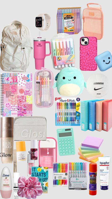 Preppy school bag Fun School Supplies, Preppy School Bag, Erasable Highlighters, Middle School Essentials, School Backpack Essentials, Preppy School Supplies, Middle School Hacks, Pretty School Supplies, School Bag Essentials