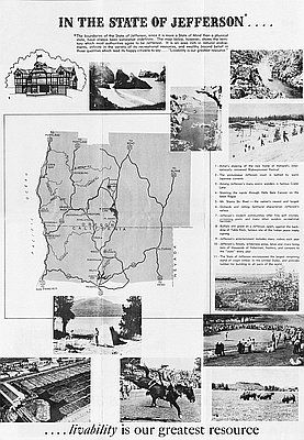 Driving south on I-5 you may have noticed signs for the "State of Jefferson" - but do you know the story behind this attempted secession movement that stems from WWII? Image of State of Jefferson brochure, 1959, via OHS Library, OHS VF Jeff-1 Jefferson County, American History, Massachusetts, Bumper Stickers, Portland, Oregon, Maine, The Story, Map