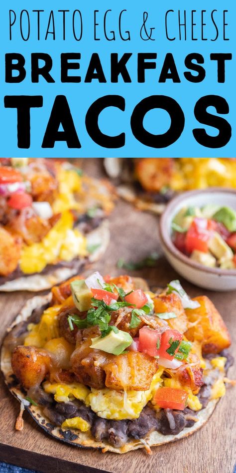 These Potato Egg and Cheese Breakfast Tacos look like they came from a restaurant, but you can easily make them in your own kitchen! These vegetarian breakfast tacos are great for a weekend breakfast or Mother's Day brunch. Add some avocado and pico de Gallo and everyone will be so impressed with these delicious potato breakfast tacos! #breakfasttacos #potatotacos #mothersdaybrunch #breakfastrecipe Potato Breakfast Tacos, Mini Breakfast Food, Sweet Potato Breakfast Recipes, Summer Breakfasts, Potato And Egg Breakfast, Eggs Cheese Breakfast, Breakfast Tacos Recipe, Breakfast Taco, Savory Breakfast Recipes