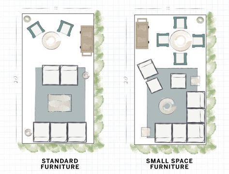 Large Deck Layout Patio Ideas, 10x20 Patio Ideas, Outdoor Furniture Placement Layout, Porch Layout Ideas Furniture, Patio Layout Ideas Rectangle, Patio Furniture Configurations, Square Deck Layout, Deck Arrangement Furniture, Square Patio Furniture Layout