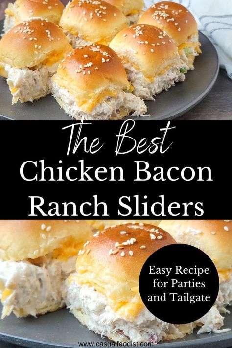 These are the best Chicken Bacon Ranch Sliders! Using Hawaiian rolls and shredded chicken this recipe for Chicken Bacon Ranch Sliders is easy to make and perfect for any party or dinner. The perfect chicken sliders for game day and Super Bowl. This quick and easy chicken sliders recipe is simple to make . The best Chicken Bacon Ranch Sliders.  www.casualfoodist.com Easy Chicken Sliders, Chicken Bacon Ranch Sliders, Bacon Ranch Sliders, Ranch Sliders, Easy Sandwiches, Chicken Bacon Ranch Wrap, Slider Recipe, Sliders Recipes, Sliders Recipes Chicken