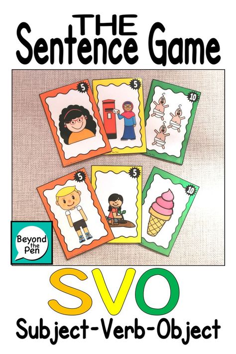 Teach SVO (Subject Verb Object) sentences orally by playing this fun card game. Ideal for EAL/ESL/ELL and year one and year 2 students, it can be used to teach grammar, determiners, verbs, nouns, auxiliary verbs, tenses, vocabulary, simple sentences and so much more. *Uses the colours of Colourful Semantics (Alison Bryant). Subject Verb Object, Verbs Tenses, Colourful Semantics, Auxiliary Verbs, Verbs Activities, Subject Object, Sentence Activities, Esl Games, Sentence Building