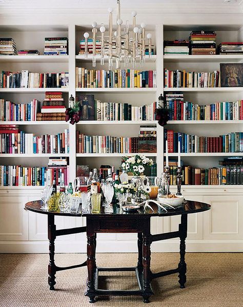 Foyer / Library Table Dining Room Library, Lots Of Books, Library Table, Library Shelves, Home Library Design, Home Libraries, Library Design, Trendy Home, Home Library