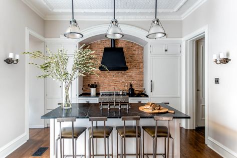 Black Soapstone Countertops, White Cabinets Black Countertops, Brick Kitchen Backsplash, Brooklyn Kitchen, Soapstone Countertops, Kitchen New York, Brick Kitchen, Black Countertops, Brick Backsplash