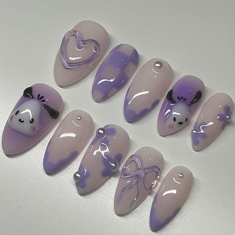 🫧 coquette pochacco in lilac ˚ʚ♡ɞ˚custom pressons˚ʚ♡ɞ˚ thinking of doing a simple freestyle~ sanrio series for each set around £45 inc shipping & prep kits, would anyone be interested? DM me 🥰🫶🏼 🏷 #nails #gelxnails #pressonnails #nailart #gelx #nailinspo #sanrionails #pochacconails #pochaccolover #pressons #londonpressonnails Purple Coquette Nails, Sanrio Nails Simple, Purple Pochacco, Nails Inspo Purple, Pochacco Nails, Christmas Nails Purple, Sanrio Nail Art, Nail Inspo Simple, Nail Art Cat