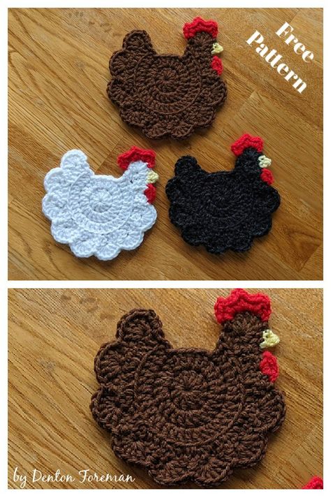 Chicken Coasters, Crochet Potholder Patterns, Crochet Coasters Free Pattern, Farm Chicken, Crochet Mignon, Confection Au Crochet, Crochet Chicken, Crochet Coaster Pattern, Crochet Potholders