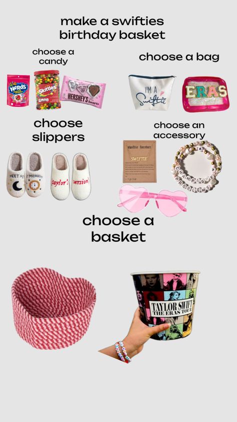 #taylorswift #taylornation #birthdayinspo Disney Room Decor, Preppy Gifts, Birthday Basket, Diy Birthday Gifts For Friends, Themed Gift Baskets, Crystal Garden, Taylor Swift Cute, Birthday Gift Baskets, Birthday Gift Bags