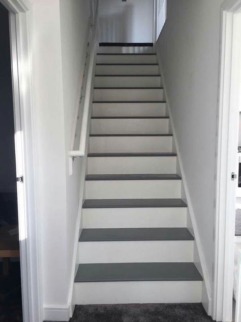 White and grey stairs Grey Stairs, Stairs Remodel, Basement Steps, Gray Stairs, Stair Remodel, Painted Stairs, Wood Stairs, Stairway To Heaven, Step By Step Painting