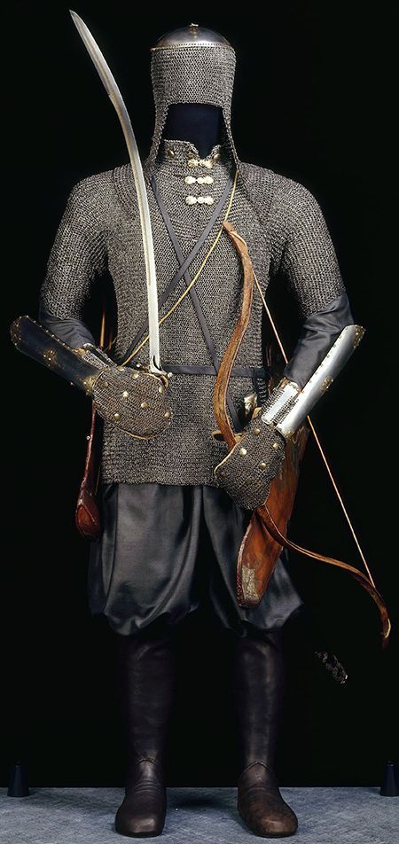 Ottoman armor, zirah kulah (mail coif), zirah (mail shirt), kolluk/bazu band (vambrace/arm guards), shamshir (sabre),  Dresden State Art Collections. Ottoman Armor, Eastern Armor, Chainmail Armor, Arm Guards, Flexibility And Mobility, Helmet Armor, Armor Clothing, Ancient Armor, Historical Armor