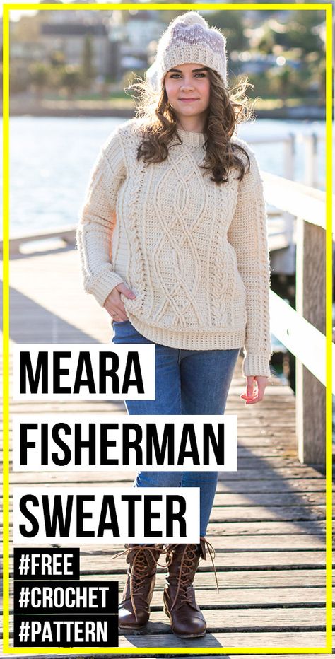 crochet Meara Fisherman Sweater free pattern - easy crochet sweater pattern for beginners Cable Sweater Pattern, Sweater Free Pattern, Cable Knit Sweater Pattern, Sweater Pattern Free, Crochet Sweater Free, Crochet Sweater Pattern, Crochet Cardigan Sweater, Free Pattern Crochet, Crochet Jumper