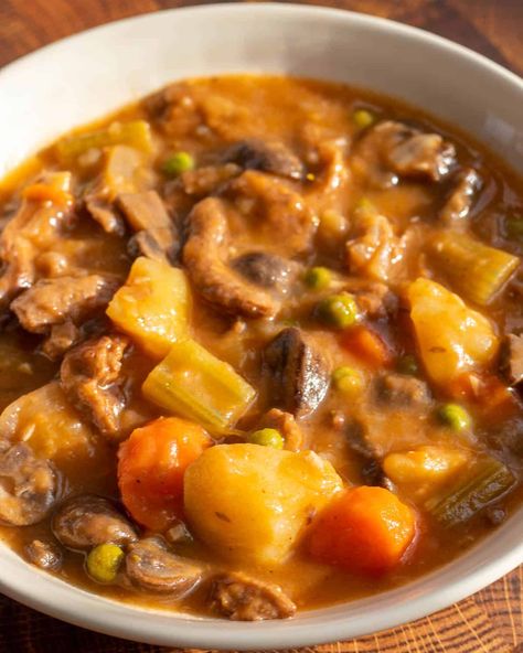 Vegan Beef Stew Vegetarian Beef Stew, Vegan Beef Stew, Cold Weather Comfort Food, Vegan Beef, Vegan Stew, Buttered Noodles, Vegan Soups, Vegan Kitchen, Vegan Soup