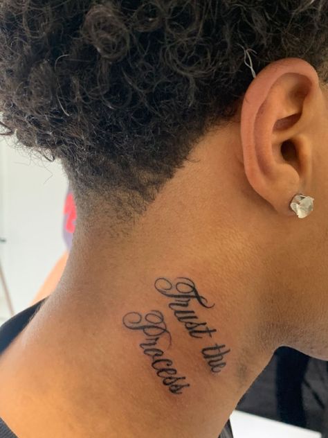 Trust No One Tattoo Neck, Word Neck Tattoo Men, Tattoo Neck Men, Success Tattoo, Trust The Process Tattoo, Word Neck Tattoos, Small Letter Tattoo, Small Dope Tattoos, Cute Elephant Tattoo