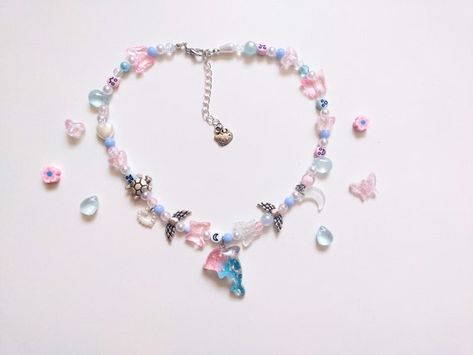 Pink And Blue Beaded Necklace, Pink And Blue Necklace, Ocean-inspired Blue Beaded Necklace With Colorful Beads, Kawaii Beaded Necklace, Adjustable Blue Heart-shaped Beaded Necklaces, Blue Heart-shaped Necklace With Colorful Beads, Necklace Combo, Pink Dolphin, Dolphin Necklace