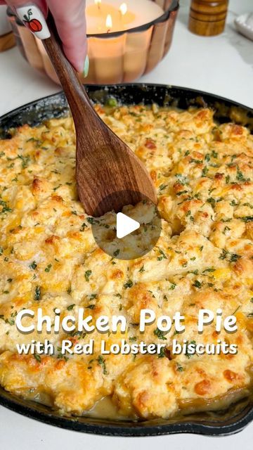 Mallory Austin | Food Blogger on Instagram: "Cheddar bay biscuit (Red Lobster) topped chicken pot pie! Comment CHEDDAR to get this recipe sent to your inbox or click the link in my bio.  Creamy chicken pot pie filling is full of savory herby flavor, caramelized veggies and tender chicken. It’s topped with easy homemade cheddar bay biscuits that are baked into the pot pie (all in one pan) then brushed with garlic butter. This is perfect for filling the freezer so you can enjoy this cozy meal throughout the fall and winter season!  #chickenpotpie #potpie #cheddarbiscuits #comfortfood #freezermeals #onepotmeal #easydinnerideas" Chicken Pot Pie Lasagna, Chicken Potpie With Biscuits, Cheddar Bay Biscuit Chicken And Dumplings, Cheddar Bay Chicken Pot Pie, Pot Pie With Biscuits, Red Lobster Chicken Pot Pie, Chicken Pot Pie Cheddar Bay Biscuits, Red Lobster Cheddar Bay Biscuit Chicken Pot Pie, Cheddar Bay Biscuit Chicken Pot Pie