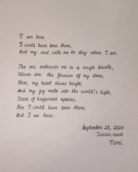 6 a.m. in the morning. I get up and stroll to the sea, listening to the gentle whispers of the waves. In the meantime, I write down my thoughts in a poem, letting the rhythm of the ocean inspire my words.💫💙 Swipe to see the original version and the translation of it ➡️ Poems About The Ocean, Ocean Poem, Happy Tears, In The Meantime, A Poem, Ocean Inspiration, My Thoughts, Get Up, In The Morning