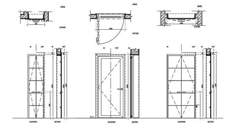 This architectural drawing is plan, elevation and section of doors of different sizes. In this drawing the plan of different types of doors are shown in detail drawing, The frame, wall door.... elevation shown are also in detail like double door single d Types Of Doors Architecture, Door Section Detail Drawing, Door Elevation Drawing, Door Detail Drawing Architecture, Door Section Detail, Door Detail Drawing, Door Frame Detail, Door Elevation, Section Elevation