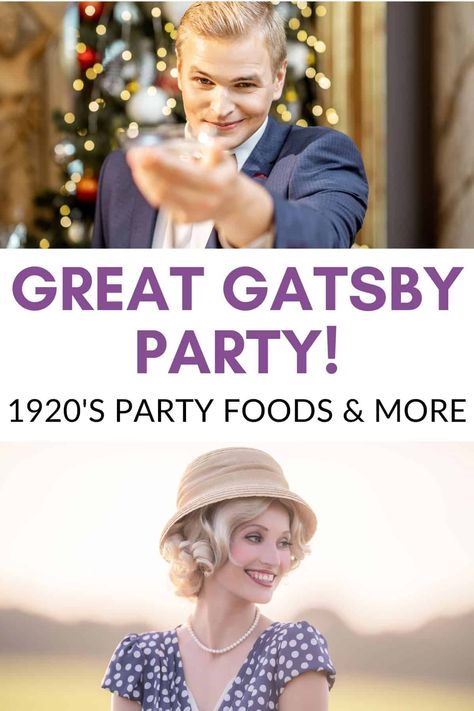 Whether you're wanting to host a Great Gatsby movie night or plan a roaring 20s party, these 1920s party foods are sure to be a hit! We love a themed party because it's a great way to get together with friends! Great Gatsby Dinner Party Food, Speakeasy Party Menu Food Ideas, Roaring 20s Appetizers, 20s Themed Food, 1920s Food Roaring Twenties, Great Gatsby Food Appetizers, 20s Food 1920s Party, 1920s Themed Food, 1920s Food Appetizers Gatsby Party