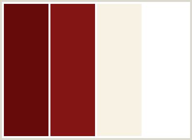 ColorCombo225 - ColorCombos.com color palettes, color schemes, color combos with hex colors codes #670A0A, #831515, #F8F2E5, #FFFFFF and color combination tags FALU RED, MAHOGANY, QUARTER SPANISH WHITE, RED, RED, WHITE, YELLOW ORANGE. Color Schemes Red, White Color Combinations, Maroon Color Palette, Colour Palate, Beige Color Scheme, Red Color Combinations, Color Bordo, Beige Color Palette, Red Color Schemes